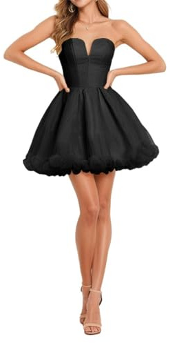 WSEYU Adolescenti senza spalline ritorno a casa corto Tulle Prom Dress con tasche abito da cocktail, Nero , 44