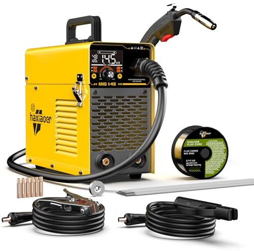 haxiaoer 145A Gasless MIG Welders, 3 in 1 Portable Flux MIG/ARC/Lift TIG MIG Welding Machine with Smart Digital LED Dispaly, Semi-Automatically Synergy Inverter MIG Welder, Best for Beginner