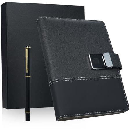 HUIOP Quaderno A5,Notebook in Pelle A5 con Blocco Impronte digitali e unità USB ad Alta velocità da 16 GB Agenda con diario Foderato Raccoglitore da 100 Pagine a 6 Anelli 4 Slot per schede Perfetto
