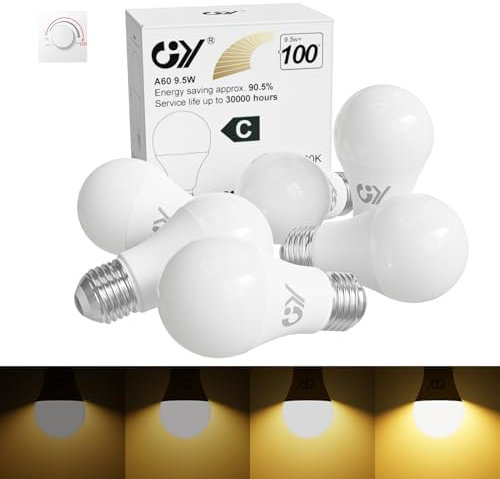 GY Bombilla LED E27 Luz Calida 3000K, 9.5W 1521 Lúmenes Dimmable (Protección Ocular), Ángulo 280°, Sin Parpadeo, CRI＞80, A60 Bombillas Regulable Blanco Cálido, 6 Pieza