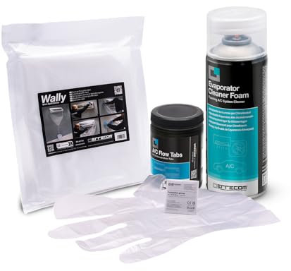 ERRECOM Kit de limpieza de aire acondicionado, incluye Evaporator Cleaner Foam Limpiador espumoso, funda protectora Wally, A/C Flow Tabs 40 pastillas para limpieza del desagüe, guantes
