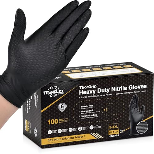 TitanFlex Thor Grip Black Nitrile Gloves 6 Mil Heavy Duty, Raised Diamond Texture Enhanced Grip, Latex Free & Powder Free for Mechanic Automotive Repair (Box of 100, Medium)