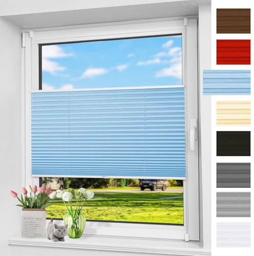 Plissee Ohne Bohren Verdunkelung 65 x 100 cm Sichtschutz Und Sonnenschutz Plisseerollo Sonnenschutz mit Klemmträger Easyfix für Fenster & Tür, hellblau