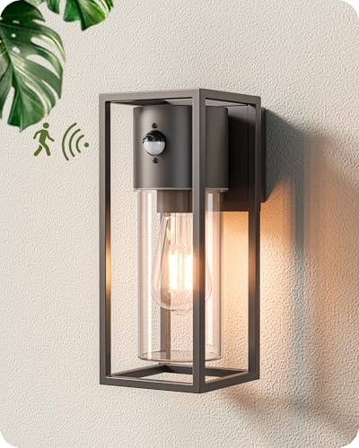 EDISHINE Lampada da Parete Esterna con Sensore di Movimento, Portalampada E27, Impermeabile IP44, in Alluminio e Vetro Temperato per Giardino, Terrazza, Facciata, Lampadina non Inclusa, Antracite
