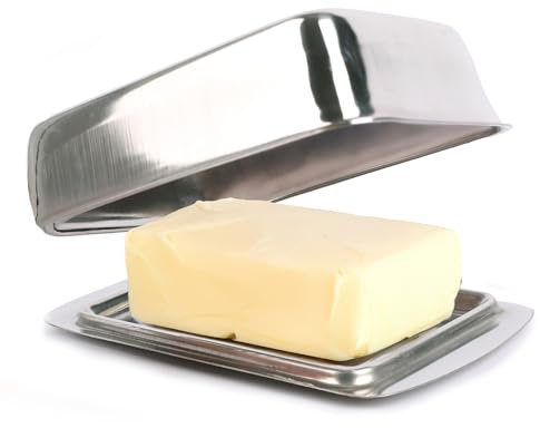 MiCasa SuCasa Beurrier en acier inoxydable avec couvercle – Passe au lave-vaisselle pour 250 g de beurre – Cloche à beurre moderne – Petit beurrier pour réfrigérateur – Conservation du beurre frais –