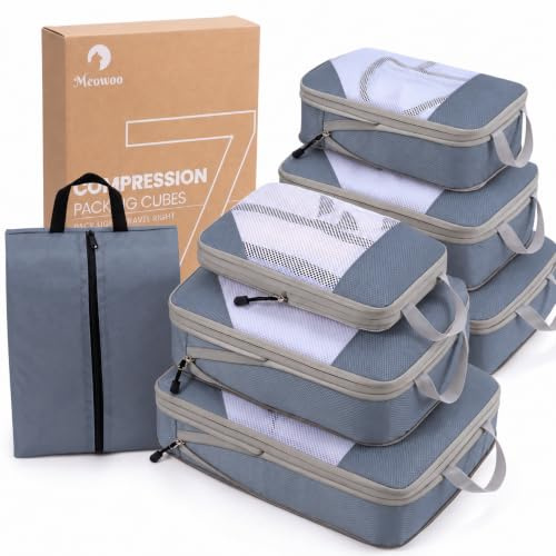 Meowoo 7-Piece Compression Packing Cubes for Luggage, Travel Organisers | Fit More in Less Space, Tear-Resistant Mesh, 6 Cubes in 3 Sizes, Shoe Bag, Dual Zips, For Women, Girls & Travel Lovers