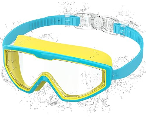 Ambienden Taucherbrille Kinder, Antibeschlag UV-Schutz, Weitwinkel-Sicht, 1-Klick Verstellung, Silikondichtung, Unisex Schwimmbrille Kinder 3-12Jahre, Blue-Yellow
