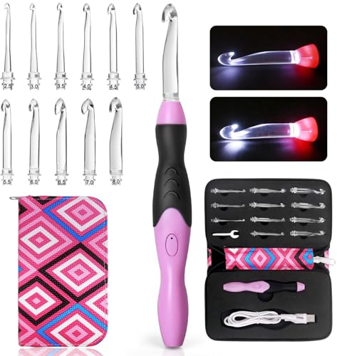 Light Up Crochet Hooks Set, 11 Sizes 2.5 to 8.0mm Interchangeable Lighted Crochet Hook with Ergonomic Handle for Beginners, Rechargeable Plastic Crochet Needle Kit with Case for Crocheters
