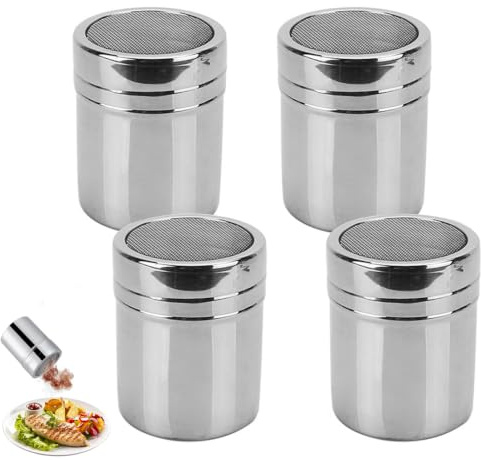 4PCS Flour Shaker, Stainless Steel Icing Sugar Shaker Duster, Powder Shaker for Baking and Seasoning, Compact 15x10x5 cm Kitchen Tools, Flour Duster and Chocolate Shaker for Precise Distribution