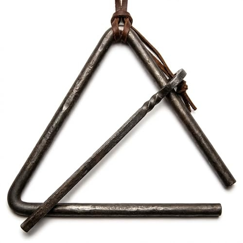 Artisan Owl Forged Metal Triangle Chuckwagon Dinner Bell with Hand Cut Leather Strap - Rustic Western Style Hotrolled Steel Bell for Outdoor or Indoor Use