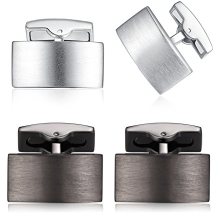 HONEY BEAR 2 Paar Herren Hochzeit Rechteck Manschettenknöpfe Cufflinks Set Edelstahl Manschettenknopf,Silber Schwarz (Pistole Schwarz+gebürstetes Silber ohne Box)