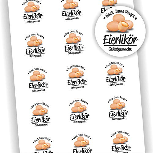 FVLFIL Play-Too 15 Aufkleber rund Eierlikör selbstgemacht Nach Omas Rezept Durchmesser 50mm Etikett Geschenk Geschenkaufkleber DIY