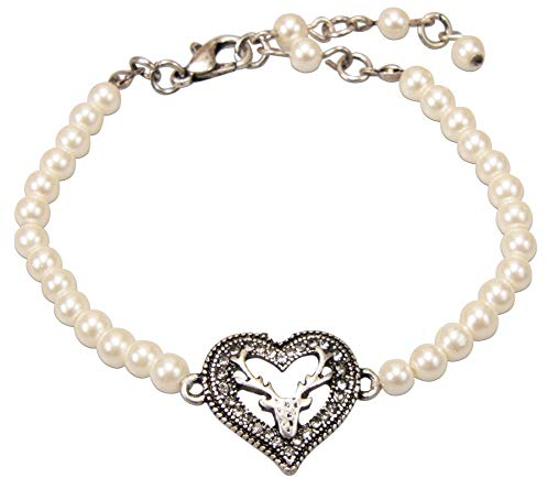 Alpenflüstern Perlen-Trachten-Armkette Strassherz Hirsch - Damen-Trachtenschmuck mit antik-silber-farbenem Trachten-Strassherz, Trachten-Armkette, Perlenarmband creme-weiß DAB075