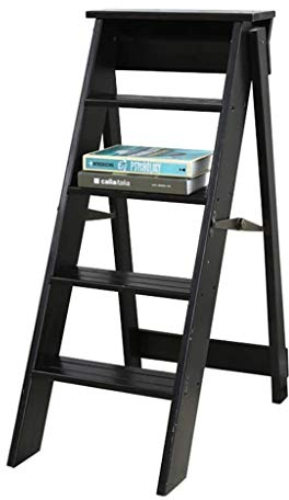 Haushaltsleiter Tritthocker Klappstufen mit 5 Stufen, Trittleiter aus Holz, Leiterstuhl Hockerleiter Erwachsene, Treppenstuhl klappbar für Zuhause Dachboden Workzone Camping Schwarz (Color : Black)