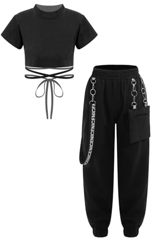 Freebily Träningsoverall för flicka flicka konstnärlig gymnastik jumpsuit street dansklänning jazz hiphop crop danstoppar kortärmad t-shirt sportbyxor, Svart, 7-8 anni