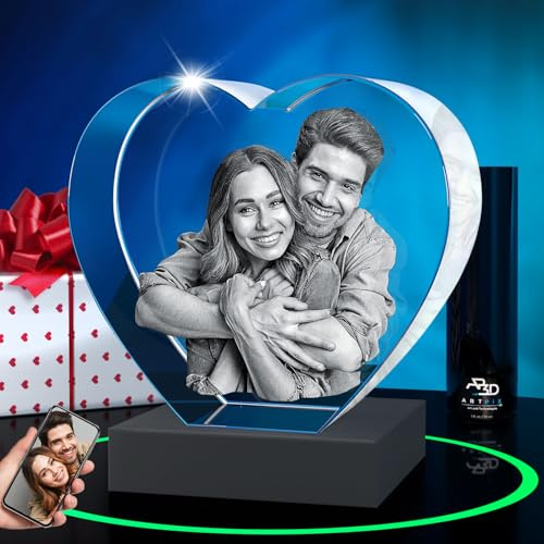 ArtPix 3D Premium Crystal Photo, Personalized Gifts for Women, Wife, Her, Him, Men, Grandma, Customized Mothers Day Gift for Mom With Your Own Photo, Custom Glass 3D Laser Etched Picture Frame, Heart
