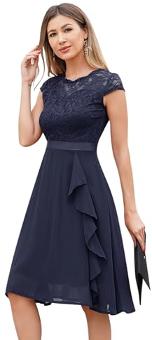 Odizli Cocktailkleid Damen Elegant Kurzarm Spitze Rüschen Chiffonkleid Hochzeitsgast Festlich Hochzeit Kurz Abendkleid Ballkleid Konfirmationskleider Abschlusskleid Jugendweihe Kleider Dunkelblau S