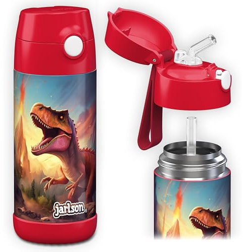 JARLSON® Vattenflaska för barn, rostfritt stål CHARLI med sugrör - termosflaska 350 ml - TÜV-testad - BPA-fri - läckagesäker - termosflaska för skola, dagis - dinosaurie 2.0, 350 ml