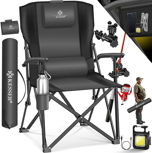 KESSER® Sedia da Campeggio Pieghevole Fino a 160 kg, Imbottita con Braccioli, Luce da Campeggio, Portabicchieri, Borsa con Schienale Alto, con Porta Canne da Pesca, Antracite/Nero
