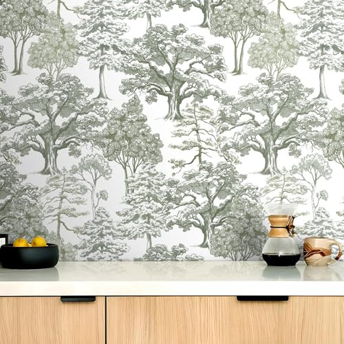 Livelynine Papier Peint Adhesif Mural Toile de Jouy Vert Gris Clair Papier Peint Autocollant Mural Chambre Motif Foret Imperméable Vinyle Adhesif Meuble Motif Arbre Papiers Peints Nature 44.5CMx2M