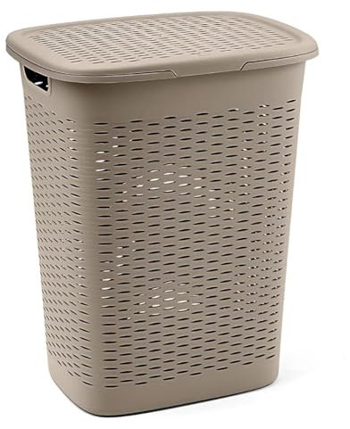 Tomaino - Cesto Portabiancheria in Plastica - Contenitore Biancheria Sporca da Bagno - Cesta Porta Vestiti e Panni Sporchi con Coperchio Salvaspazio 47 Litri (Tortora)