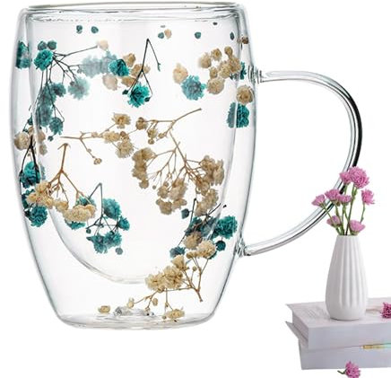 Genérico Taza de vidrio de doble pared con flores secas, tazas de café de vidrio de doble pared, tazas estéticas de flores secas con asas, tazas de café expreso, tazas de té transparentes(B)