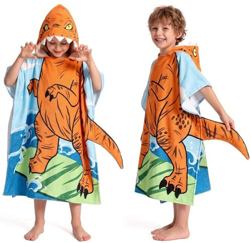OLAOLA Kids Surf Poncho Beach Towel - Microfiber Printed Dinosaur Hooded Wearable Swim Towel for Boys Girls Ages 3-12 Years