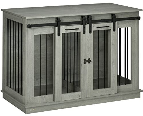 Jaula para Perros PawHut, Jaula para Mascotas, caseta para Perros con opción de Dos Habitaciones para Perros medianos, Jaula para Perros con Puertas Dobles, caseta para Perros, Gris, 120 x 60 x 88,5