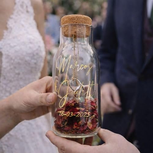 Nomart Bote para Alianzas Personalizado, Porta Alianzas Personalizado, para Llevar Anillos de Boda, con Pétalos de Rosa Secos Naturales y Cuerda para Colgar los Anillos de Boda