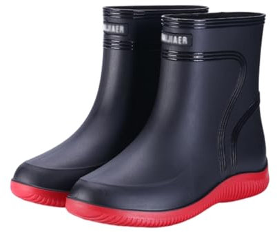 Men's Anti-Skid Fishing Rain Boots, Outdoor Sturdy Durable Waterproof Mid Calf Rubber Work Rain Boot for Men, Garden Hunting Shoes, for Gardening, Fishing, Boating, Camping, Sailing(Black red,5.5 UK)