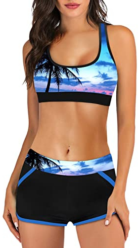 Conjuntos De Bikini para Mujer Bikinis Deportivo Chaleco de Tirantes Push-up Acolchado Extraíble Cintura Alta Pantalones Cortos Dos Piezas Traje De Baño De Playa 2025