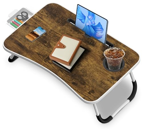 Soontrans Tavolino da Letto 60x40x28 cm, Vassoio da Letto con Cassetto, Supporto per Tablet, Portabicchiere, Pieghevole, Tavolo da Letto per Letto, Divano, Pavimento, Lavorare(Marrone Scuro)