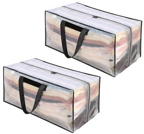 Bolsas de Almacenamiento Extra Grandes 90L, Bolsas de Embalaje para Mudanza PP, Bolsa Almacenaje de Transporte con Cremallera y Asa para Guardar Ropa Sabanas Mantas, Edredones, Transparente (2 Piezas)