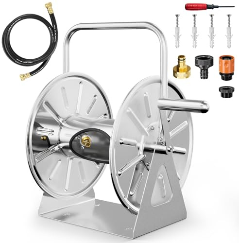SPECILITE Stainless Steel Garden Hose Reel, Portable Outdoor Metal Wall Mount/Freestanding Hose Reels, Holds 5/8 Inch 75ft Capacity, with 6ft Leader Water Pipe, UV Resistant for Outside, Yard, Patio