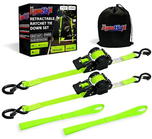 Retractable Ratchet Straps (2-Pack) - Heavy Duty Auto Slow Retraction Tie Down Straps - 1 Inch x 13 Feet (1,800lb Break Strength) for Truck, Cargo Trailer, Motorcycle, ATV, UTV - Green
