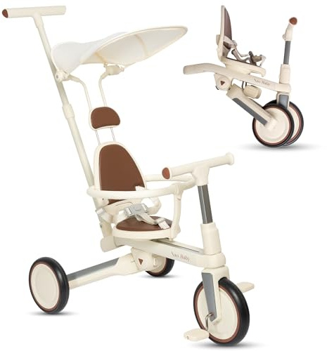 Triciclo Evolutivo Plegable y Ajustable para Bebé y Niño (1-5 Años) con Barra de Empuje Direccional – Ideal como Bicicleta Niño 2 Años, Triciclo Bebé 1 Año y Correpasillos (con Capota)