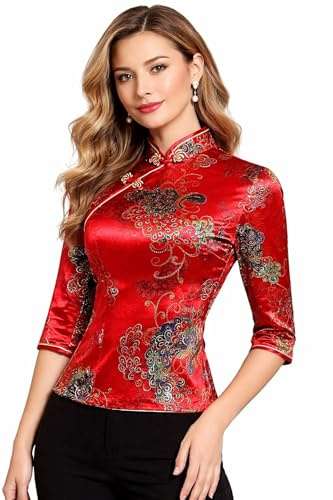Lazutom Blouse Cheongsam chinoise en velours pour femmes, col mandarin, bouton grenouille, manches 3/4, coupe ajustée, chemisier pour soirée et dîner, Rouge, Taille M