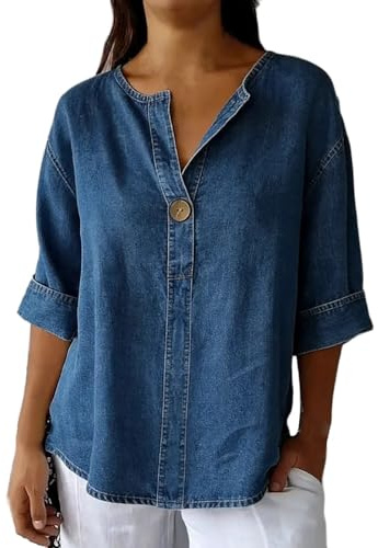 Denimskjorta kvinnor trendig button-down V-hals 3/4-ärm jeansblusar lös passform lätt pullover toppar vintage västerländsk cowboy outfit elegant Chambray skjorta vardaglig kontor arbetskläder, BLÅ, M