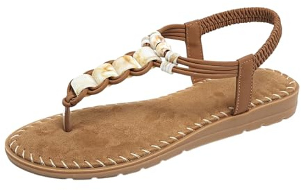 Sandalias Mujer Cuña Platafoma Zapatos de Cómodas Sandalias planas con tiras en T y cuentas para mujer con piedras preciosas de colores y elástico Confort Zapatos Comodos Talla 36