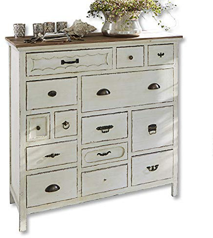 Loberon Kommode Grayson, antik veredelte Oberfläche, kunstvoll geformte Griffe, mit 14 Schubladen, Vintage-Charme, Kommodenschrank, Aufbewahrung, Tannenholz, Eisen, antikweiß