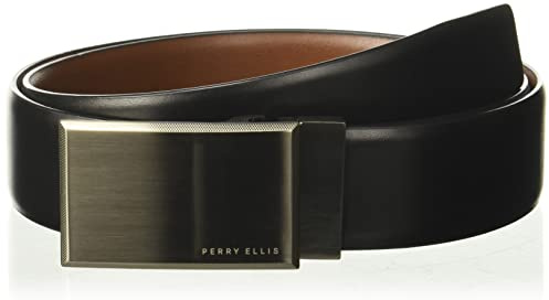 Perry Ellis Men's Portfolio Patterned Plaque Belt, Black/Brown Reversible, 36