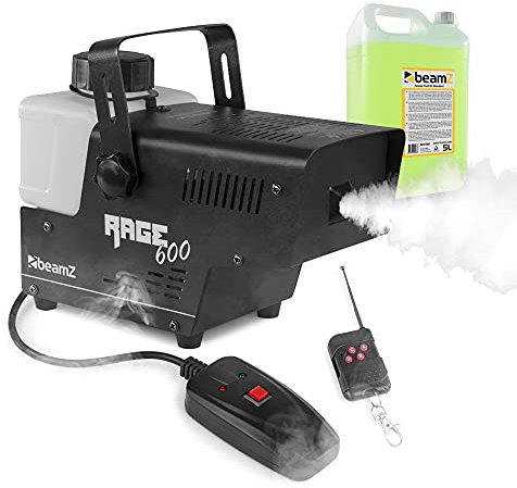 beamz RAGE600 Smoke Machine Set - 600W Halloween Fogger with Wired & Wireless Remote Controls and 5L Fluid for Home Parties, Disco & Lighting Effects