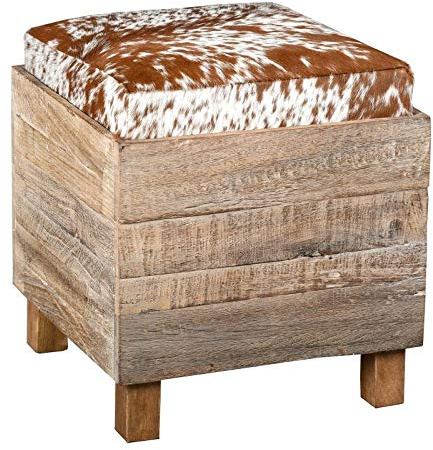 AubryGaspard - Pouf quadrato in legno riciclato e pelle di mucca