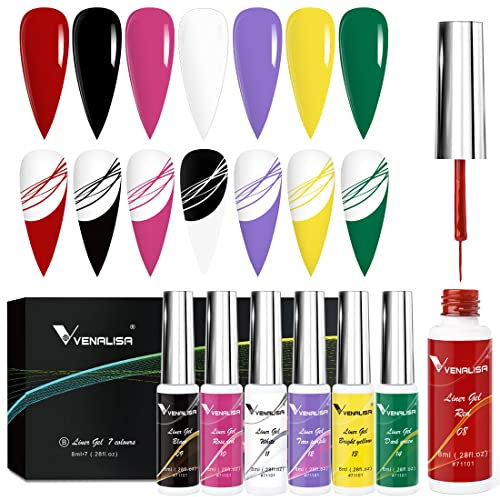 VENALISA 7PCS Painted Gel Nail Polish Set, Nail Art Gel Liner Painting Polish Set UV LED Gel 7 Colors Platinum Liner Gel Red Black Pink White Purple Yellow Green Gel Paint for Nail Art Design