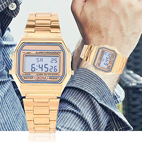 Orologio da Polso a Luce Posteriore Uomo, Cronografo Digitale Impermeabile 30M con Display 12/24 Ore Data Settimana Allarme, Cinturino in Acciaio Inossidabile - Oro