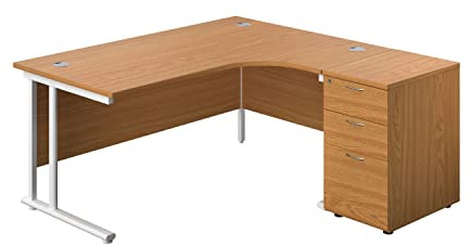 Office Hippo Heavy Duty Right Corner Radial Desk With 3 Drawer High Storage, Home Office or PC, 5 Yr Wty, MFC - Oak, White Frame, 160cm x 160.4cm