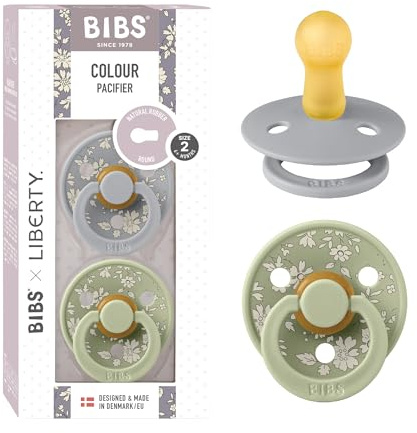 BIBS Liberty Dummies | 2 Colour Natural Rubber Latex Soothers | BPA Free Dummy | Round Nipple Pacifier | Designed & Made in Denmark | Capel Sage | Size 2 | 6+ Months