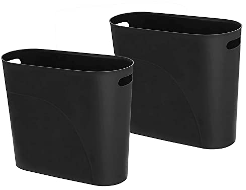 Caxmtu Small Bathroom Bin Trash Can Plastic Bathroom Wastebasket 10 Litres Slim Garbage Container Bin with Handle for Home Kitchen Bedroom Office, Black, 2 Pack