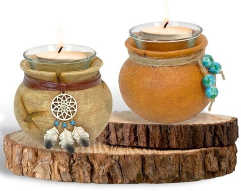 Votive Candle Holder in Southwest Native American Resin Jar Aztec Navajo Style Home Decor (A Set of 2) Tea Light Holder