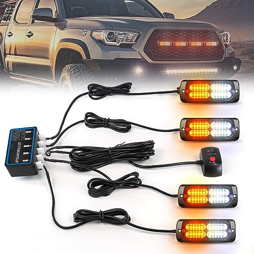 Dinfu 4 x 24 Led Warnlicht frontblitzer Orange + weißes 12v/24v led blitzer LED Warnleuchte mit 18 Blinkende Stroboskop-Modi IP67 Blitzleuchte Lichtleiste für Auto Pkw Truck Traktor KFZ LKW (4 PCS)